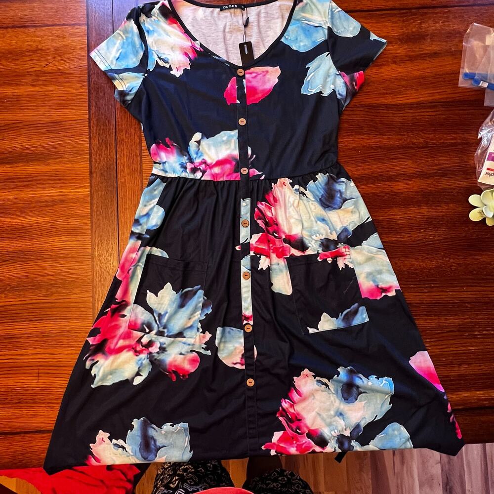 NWT OUGES Women's V Neck Floral Button Down Skater Dress with Pockets XL - Picture 7 of 10